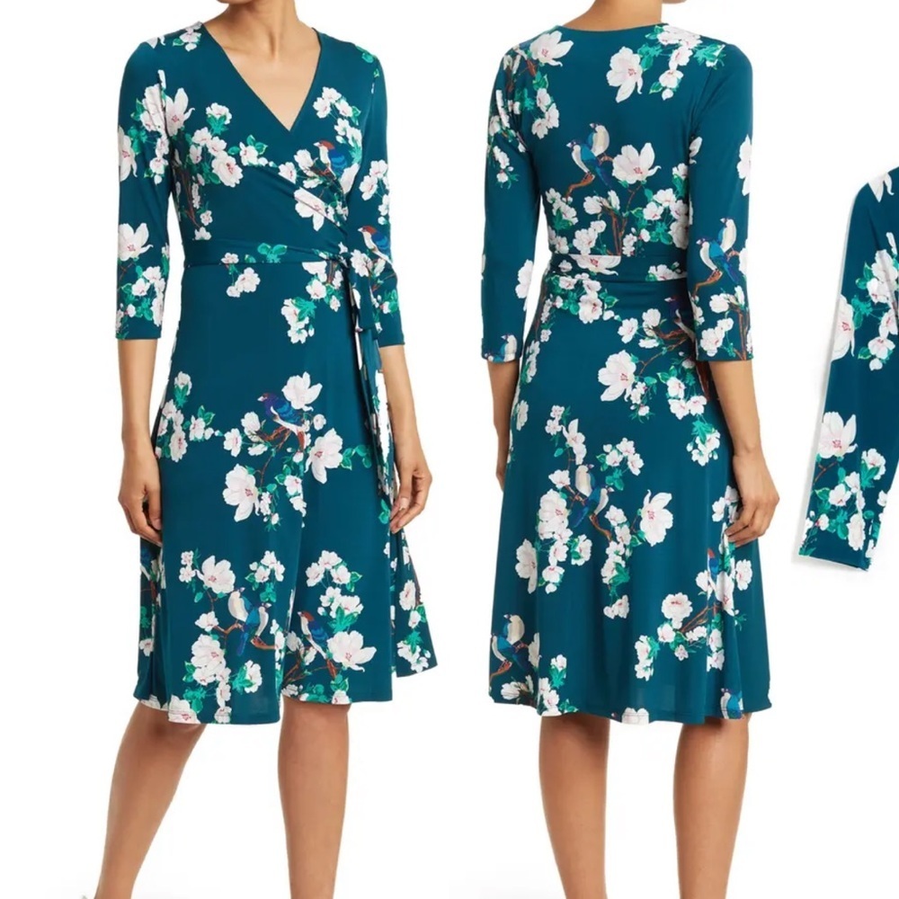 Eliza J Teal Floral Wrap Midi Dress